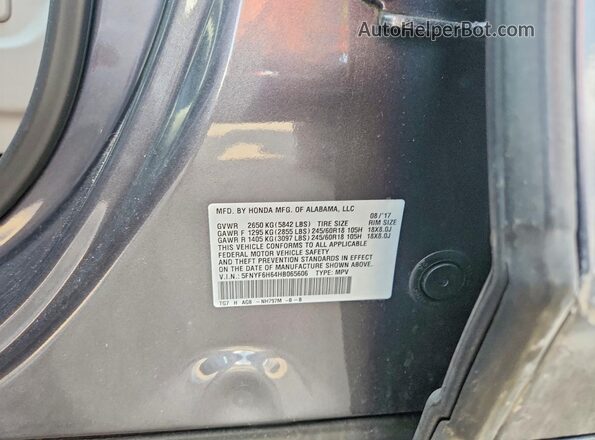5FNYF6H64HB065606 2017 HONDA PILOT Gray Вид наклейки з VIN-кодом