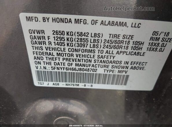5FNYF6H66JB048702 2018 HONDA PILOT Серый Вид подкапотного пространства