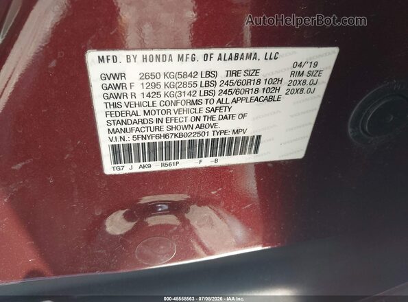 5FNYF6H67KB022501 2019 HONDA PILOT Burgundy Вид підкапотного простору