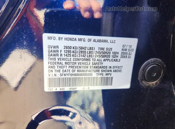 5FNYF6H68KB000393 2019 HONDA PILOT Blue Вид наклейки з VIN-кодом