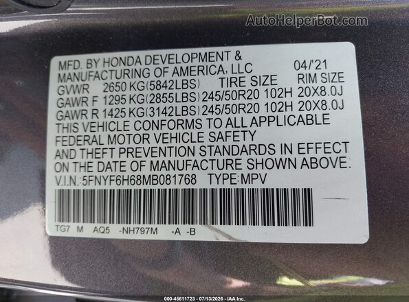 5FNYF6H68MB081768 2021 HONDA PILOT Gray Շարժիչի բաժամունքի տեսք
