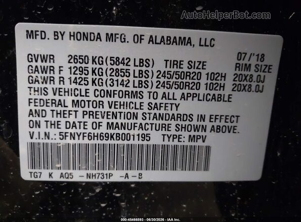 5FNYF6H69KB001195 2019 HONDA PILOT Black Vista del compartimento del motor