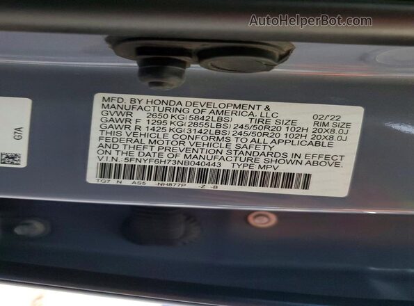 5FNYF6H73NB040443 2022 HONDA PILOT Blue Вид наклейки з VIN-кодом