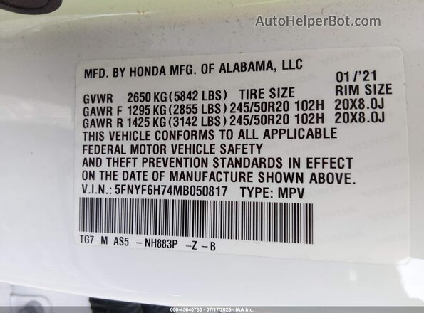 5FNYF6H74MB050817 2021 HONDA PILOT Белый Вид подкапотного пространства