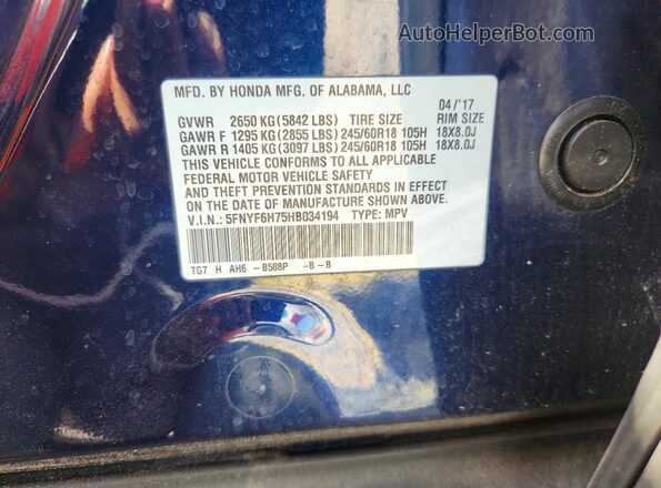 5FNYF6H75HB034194 2017 HONDA PILOT Blue VIN կոդի պիտակի տեսք