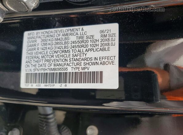 5FNYF6H76MB095595 2021 HONDA PILOT Черный Вид наклейки с VIN-кодом