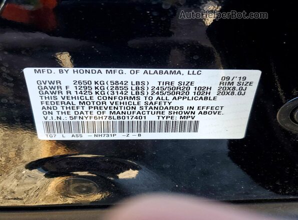 5FNYF6H78LB017401 2020 HONDA PILOT Black Вид наклейки з VIN-кодом
