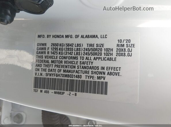 5FNYF6H7XMB031480 2021 HONDA PILOT White Вид підкапотного простору