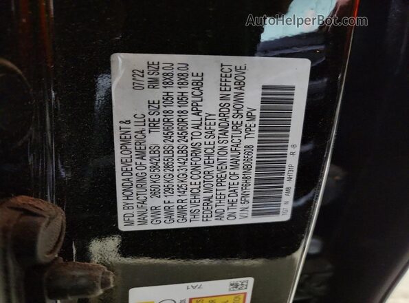 5FNYF6H81NB065608 2022 HONDA PILOT Black VIN կոդի պիտակի տեսք