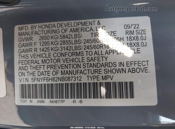 5FNYF6H82NB087312 2022 HONDA PILOT Blue Engine compartment view