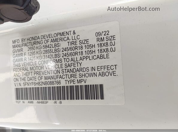 5FNYF6H82NB088766 2022 HONDA PILOT Белый Вид подкапотного пространства