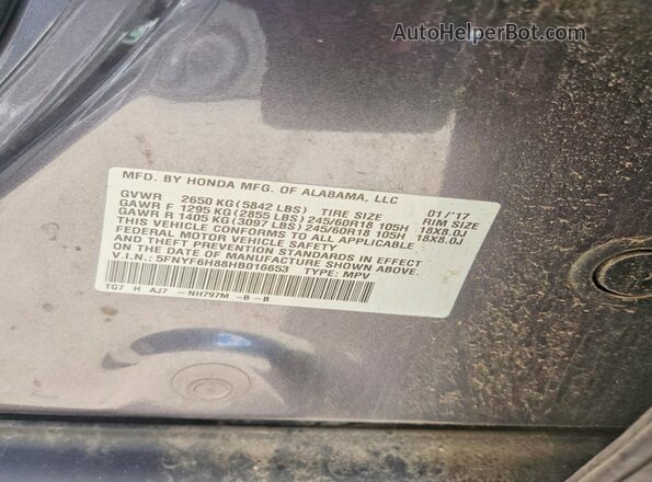 5FNYF6H88HB016653 2017 HONDA PILOT Charcoal Սալոնի 360 աստիճան տեսք