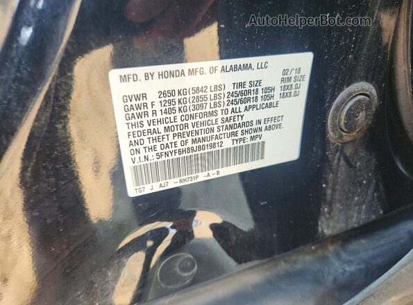 5FNYF6H89JB019812 2018 HONDA PILOT Black Engine compartment view