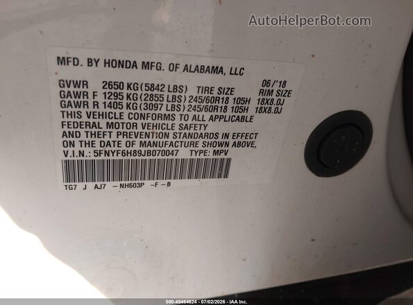 5FNYF6H89JB070047 2018 HONDA PILOT White Engine compartment view