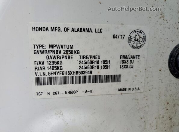 5FNYF6H8XHB503949 2017 HONDA PILOT White VIN sticker view