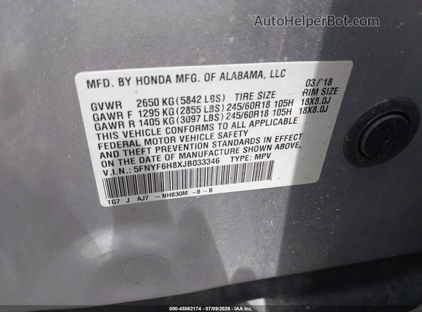 5FNYF6H8XJB033346 2018 HONDA PILOT Gray Widok komory silnika