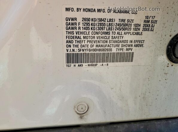 5FNYF6H90HB082655 2017 HONDA PILOT White Вид наклейки з VIN-кодом
