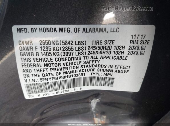 5FNYF6H90HB103391 2017 HONDA PILOT Gray Widok komory silnika