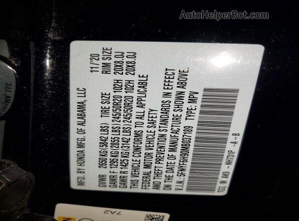 5FNYF6H90MB037189 2021 HONDA PILOT Черный Вид наклейки с VIN-кодом