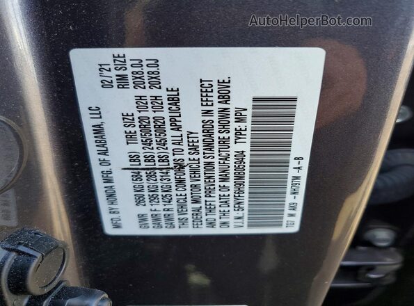 5FNYF6H90MB059404 2021 HONDA PILOT Gray VIN კოდის სტიკერის ხედი