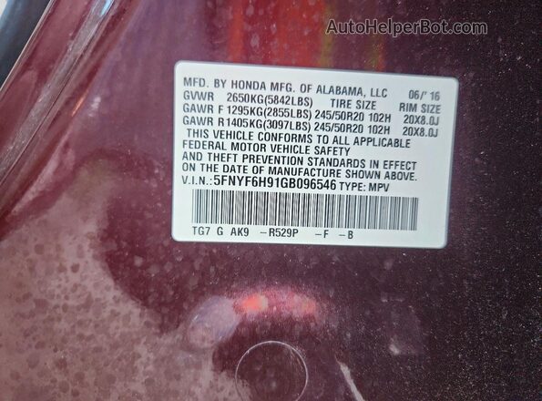 5FNYF6H91GB096546 2016 HONDA PILOT Red Շարժիչի բաժամունքի տեսք