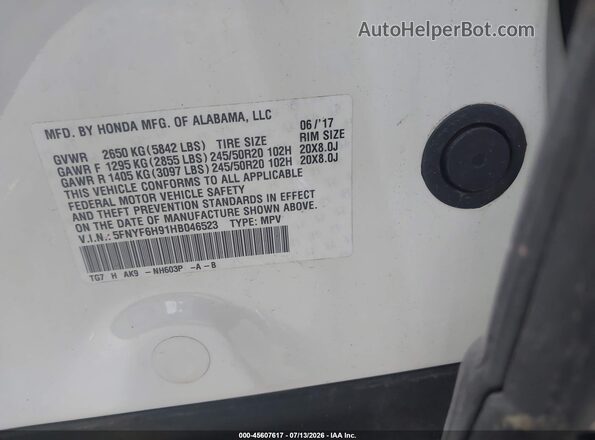 5FNYF6H91HB046523 2017 HONDA PILOT Белый Вид подкапотного пространства