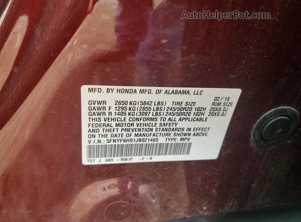 5FNYF6H91JB021465 2018 HONDA PILOT Burgundy Вид наклейки з VIN-кодом