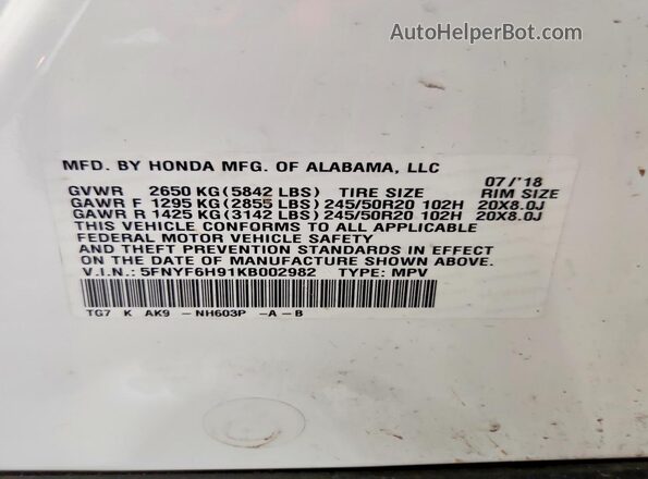 5FNYF6H91KB002982 2019 HONDA PILOT White Vista de la etiqueta del VIN