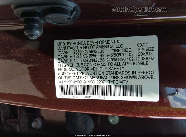5FNYF6H91NB012237 2022 HONDA PILOT Red ძრავის განყოფილების ხედი