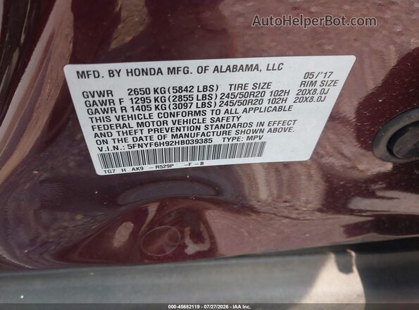 5FNYF6H92HB039385 2017 HONDA PILOT Maroon Engine compartment view