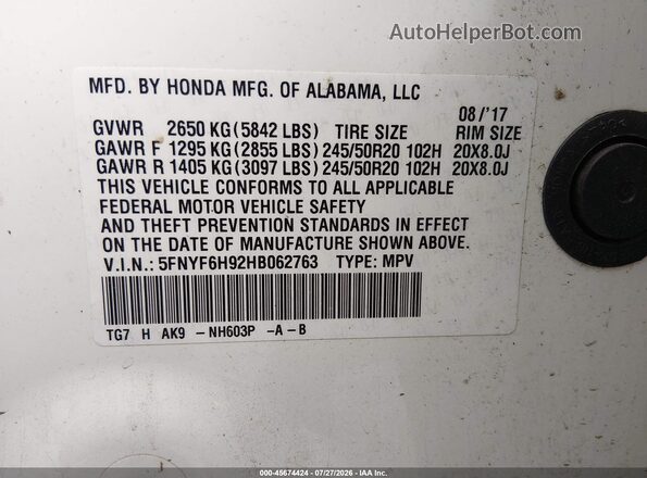 5FNYF6H92HB062763 2017 HONDA PILOT White Вид підкапотного простору