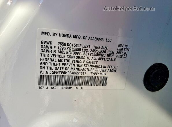5FNYF6H92JB051817 2018 HONDA PILOT White Vista interior de 360 grados