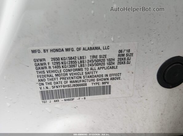 5FNYF6H92JB066608 2018 HONDA PILOT White Engine compartment view