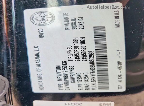 5FNYF6H92MB502992 2021 HONDA PILOT Black VIN კოდის სტიკერის ხედი