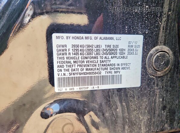 5FNYF6H93HB058432 2017 HONDA PILOT Black Widok naklejki z numerem VIN