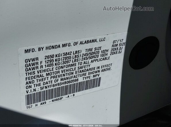 5FNYF6H93HB060598 2017 HONDA PILOT White Vista del compartimento del motor