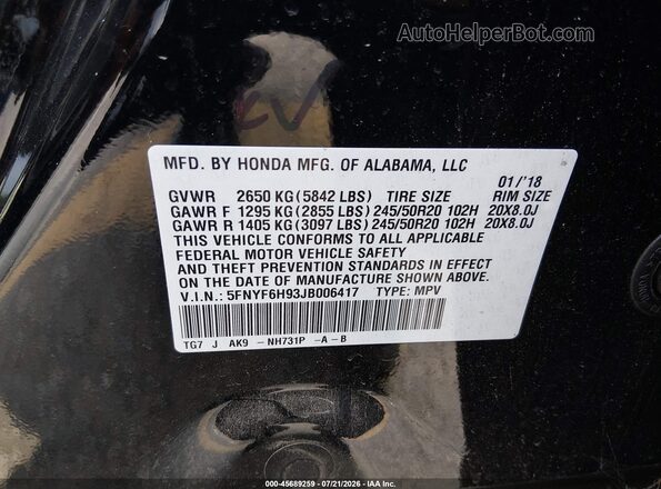 5FNYF6H93JB006417 2018 HONDA PILOT Black Engine compartment view