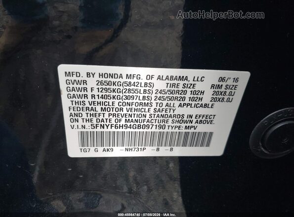 5FNYF6H94GB097190 2016 HONDA PILOT Black Vista del compartimento del motor