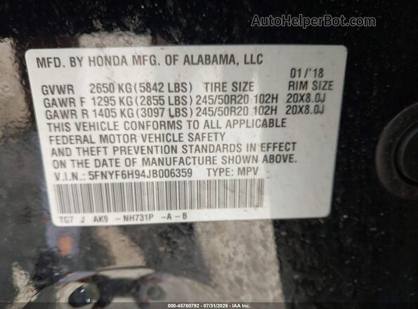 5FNYF6H94JB006359 2018 HONDA PILOT Black Widok komory silnika