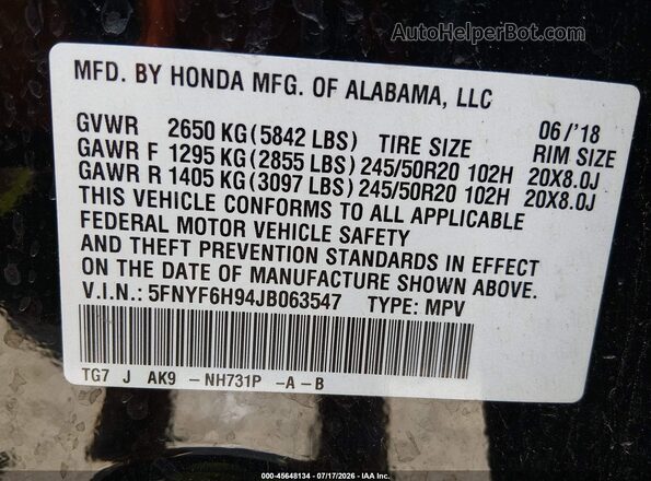 5FNYF6H94JB063547 2018 HONDA PILOT Черный Вид подкапотного пространства