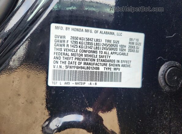 5FNYF6H94LB012486 2020 HONDA PILOT Черный Панорамный вид салона 360°