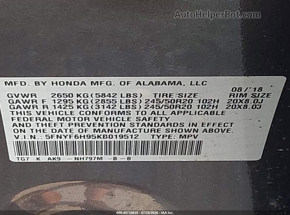 5FNYF6H95KB019512 2019 HONDA PILOT Gray Engine compartment view