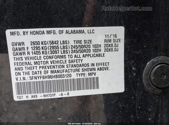 5FNYF6H96HB003120 2017 HONDA PILOT Black Вид підкапотного простору