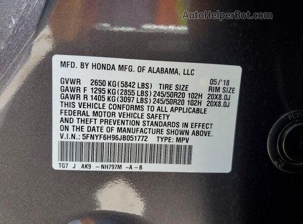 5FNYF6H96JB051772 2018 HONDA PILOT Серый Вид наклейки с VIN-кодом