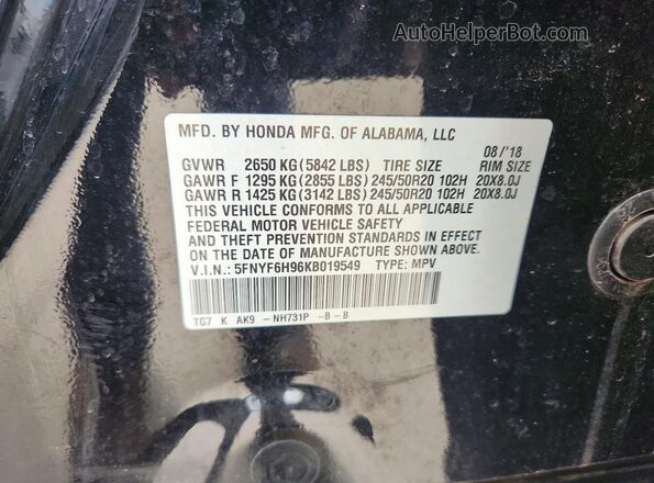 5FNYF6H96KB019549 2019 HONDA PILOT Black Widok naklejki z numerem VIN