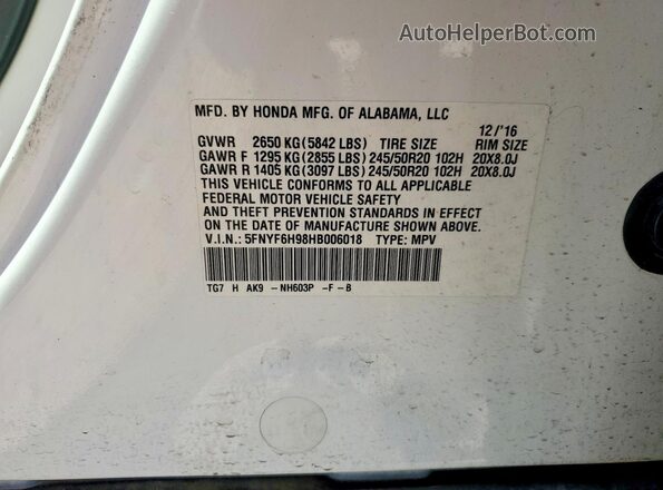 5FNYF6H98HB006018 2017 HONDA PILOT White Widok naklejki z numerem VIN