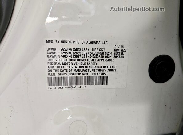 5FNYF6H98JB010463 2018 HONDA PILOT Белый Вид наклейки с VIN-кодом