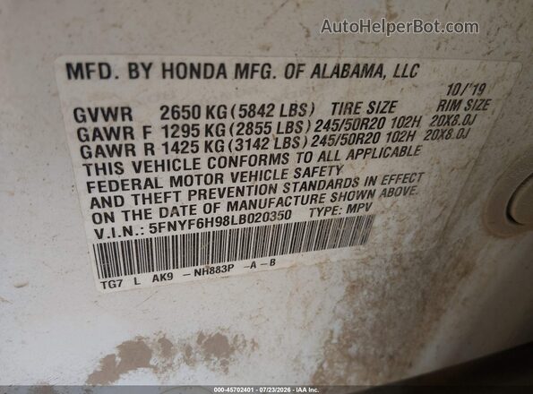 5FNYF6H98LB020350 2020 HONDA PILOT White Շարժիչի բաժամունքի տեսք