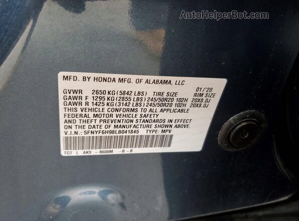 5FNYF6H98LB041845 2020 HONDA PILOT Blue VIN կոդի պիտակի տեսք