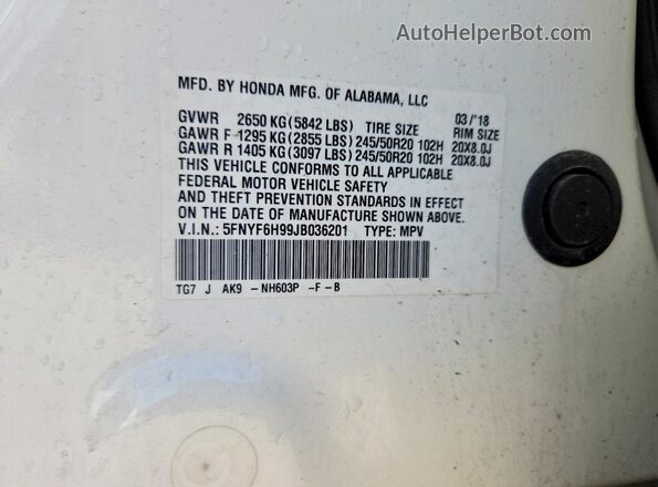 5FNYF6H99JB036201 2018 HONDA PILOT White Вид наклейки з VIN-кодом